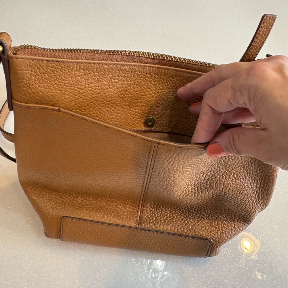 Fossil Tan Pebbled Leather Crossbody Bag  Minimalist Buckle Adjustable Strap - Picture 7 of 12